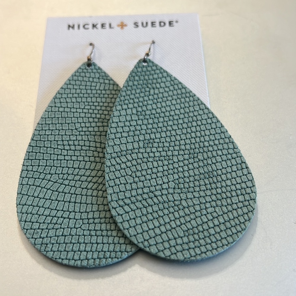 NWT Nickel & Suede gold/green dangle teardrop suede ,earrings, in package